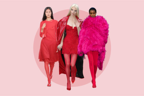 A graphic of three women wearing red tights outfit